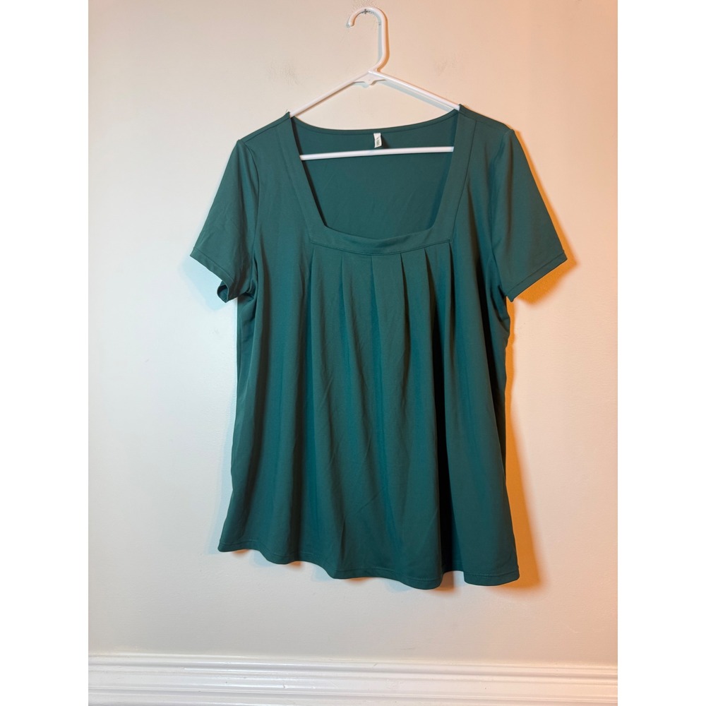 Halara Pleated Square Neck Blouse Womens Large Green Short Sleeve Stretch Top